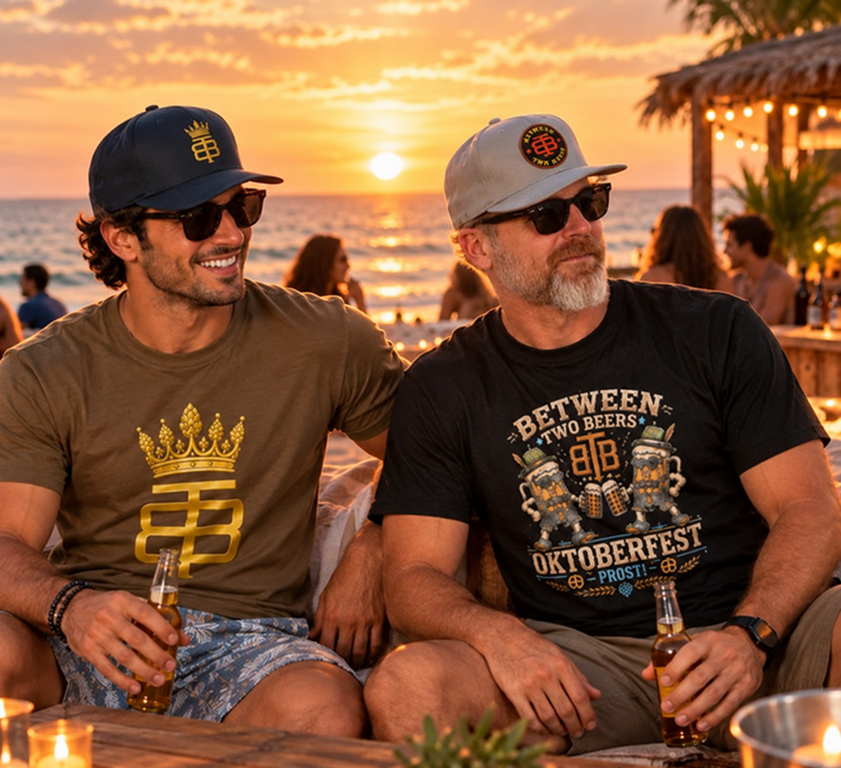 Two men wearing Between Two Beers T-shirts and hats