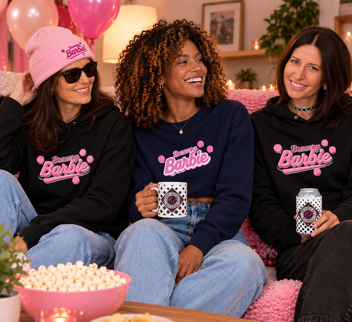 Three women wearing Brewery Barbie T-shirts, a hoodie, and a cap