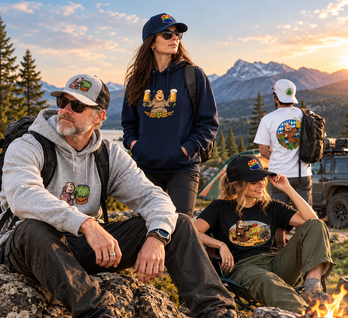One man and two women wearing Desert Monks hoodies, T-shirts, and hats