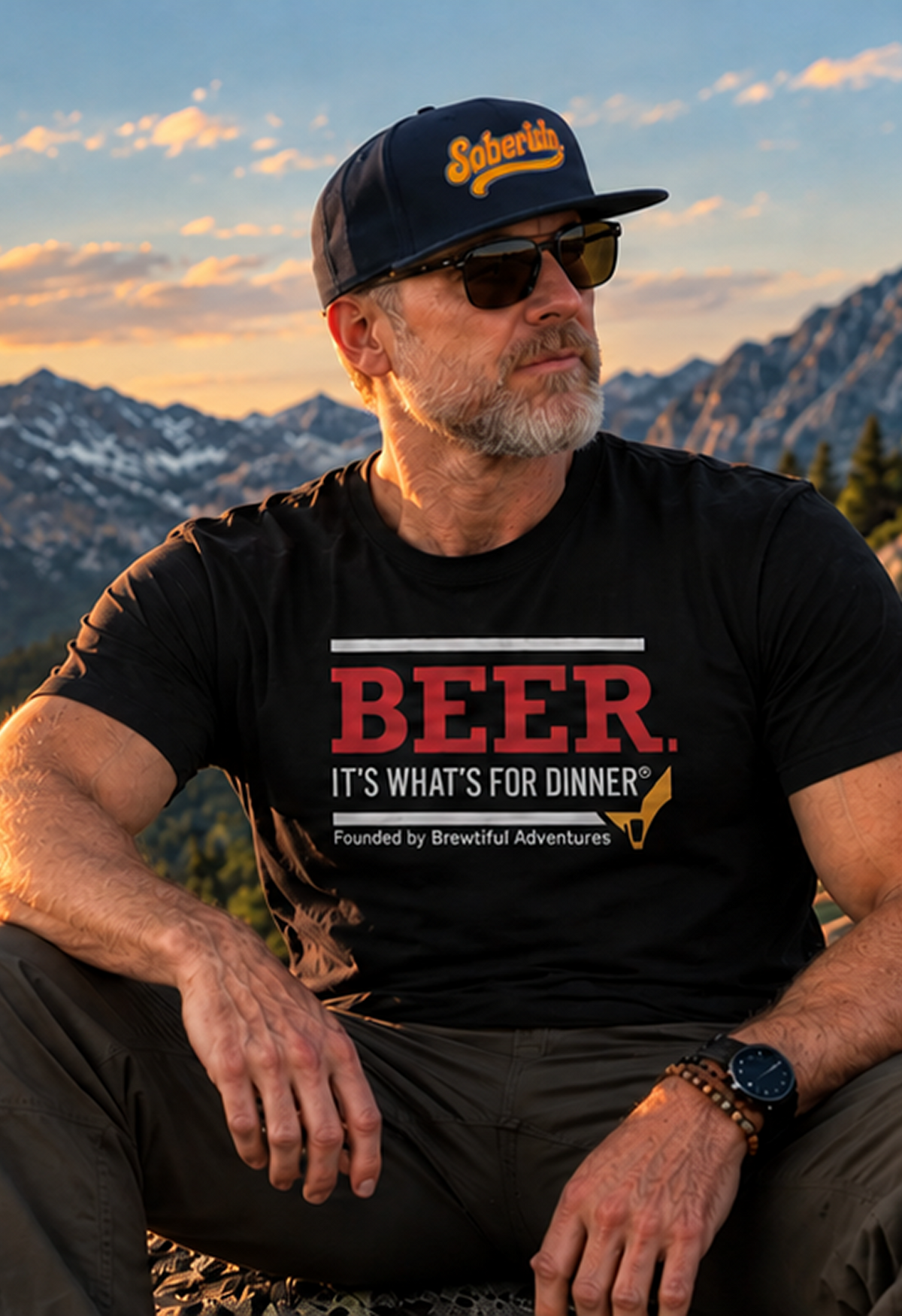 Man relaxing outdoors and holding his Brewtiful Adventures T-shirt